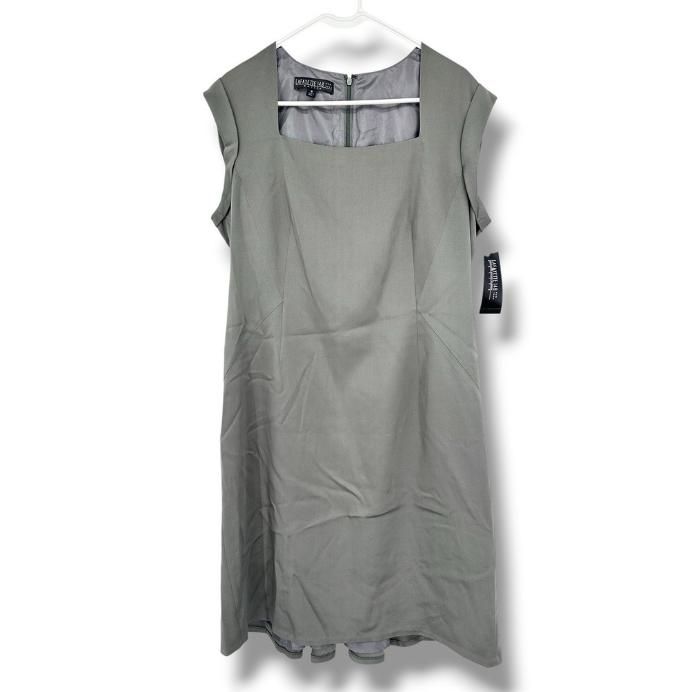 Lafayette 148 Silk Sheath Dress Petite 16P Gray Flounce Hem Office Retail $498